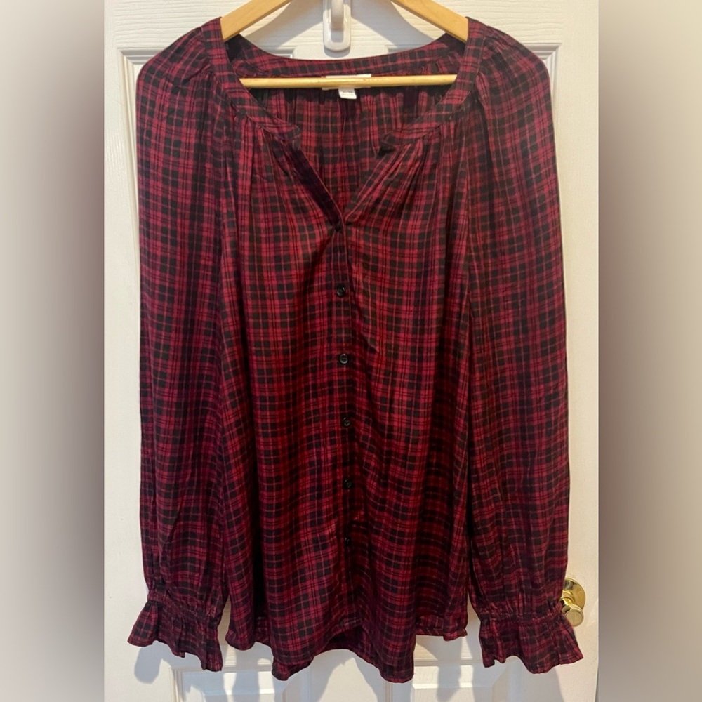 BeachLunchLounge Natalia Tartan Plaid Trumpet Cuff Long Sleeve Button Shirt XL